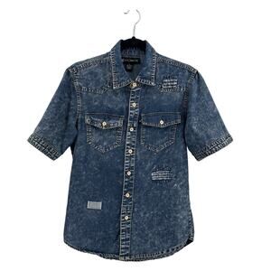 Rocawear Denim Shirt Mens S Acid Wash Blue Button Up Short Sleeve Regular Fit